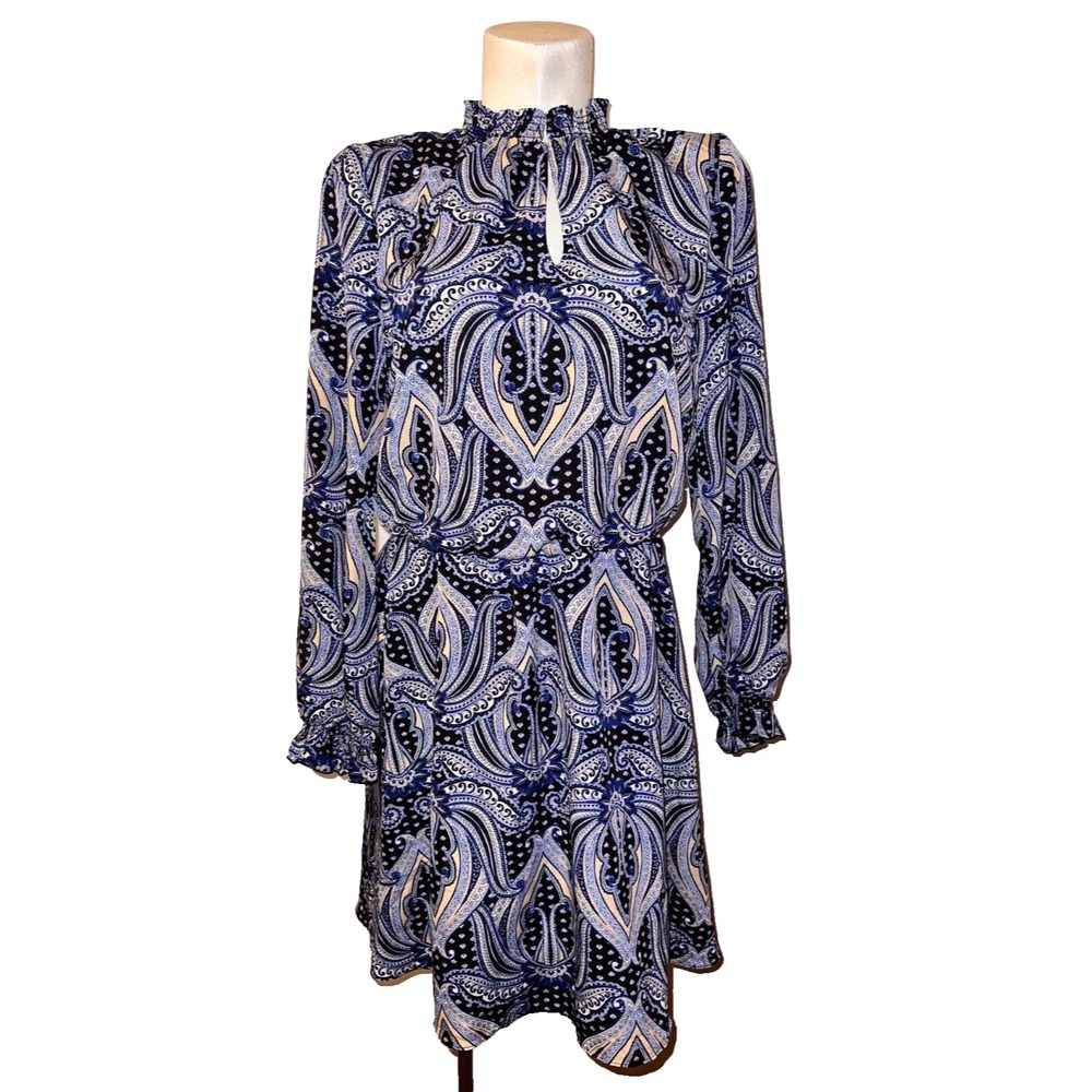 White House Black Market Blue Paisley Smocked Mock Neck Long Sleeve Dress S